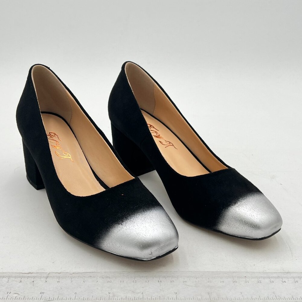 FOWT Black And Silver Square Cap Toe Chunky Low Heel Pumps Two Tone Dressy Shoes